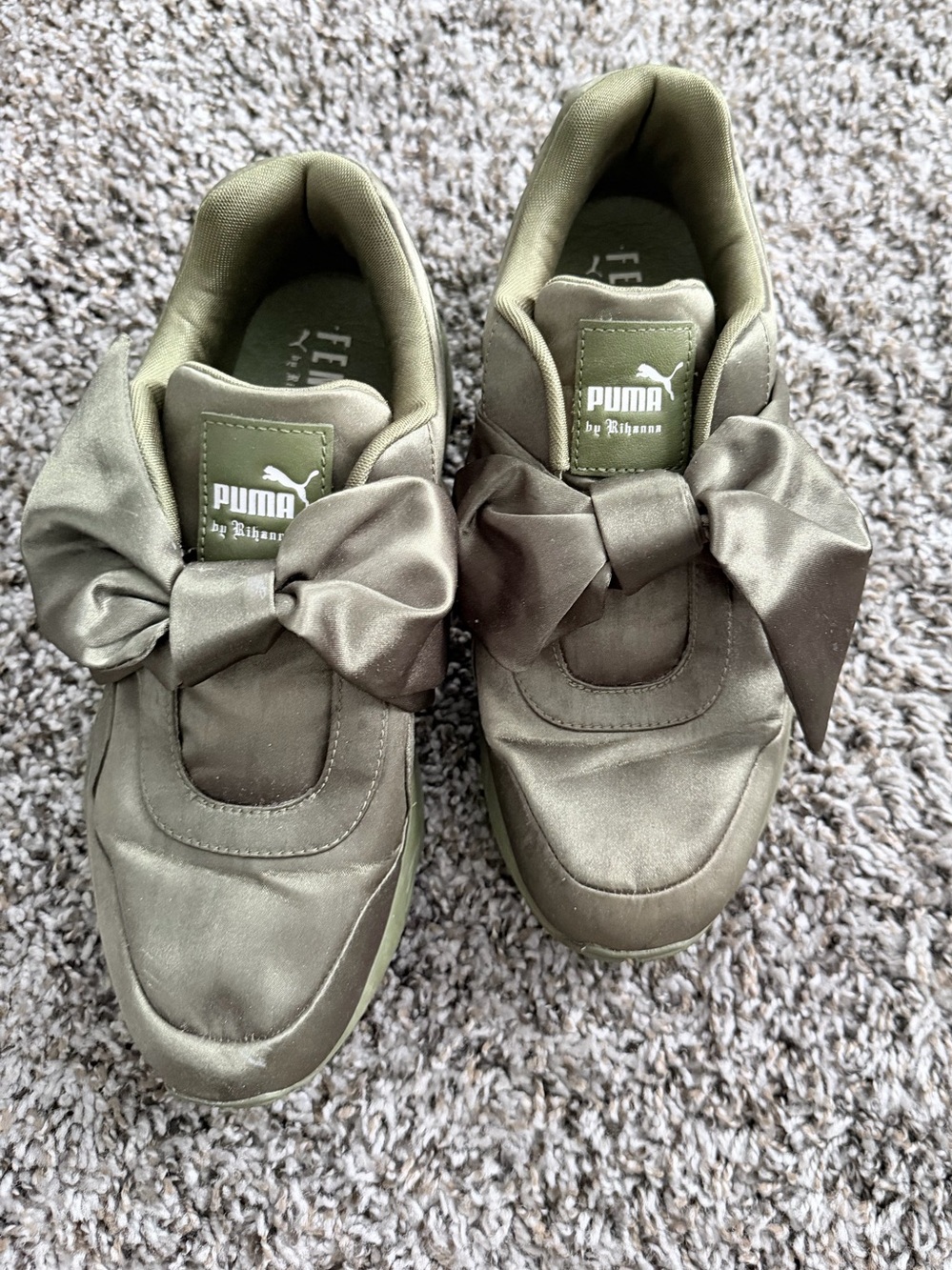 PUMA FENTY Olive Satin Platform Sneakers with Bow Detail